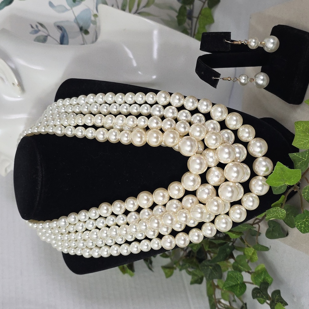 Five Strand Cascading Pearl Necklace with Earrings Set